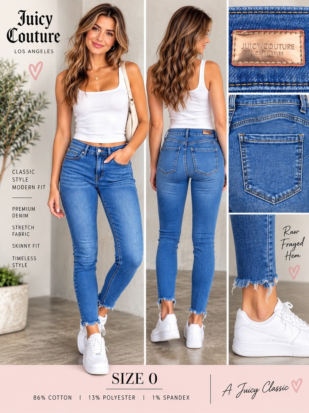 Juicy Couture Size 0 Skinny Jeans Blue Stretch Denim Raw Frayed Hem Y2K